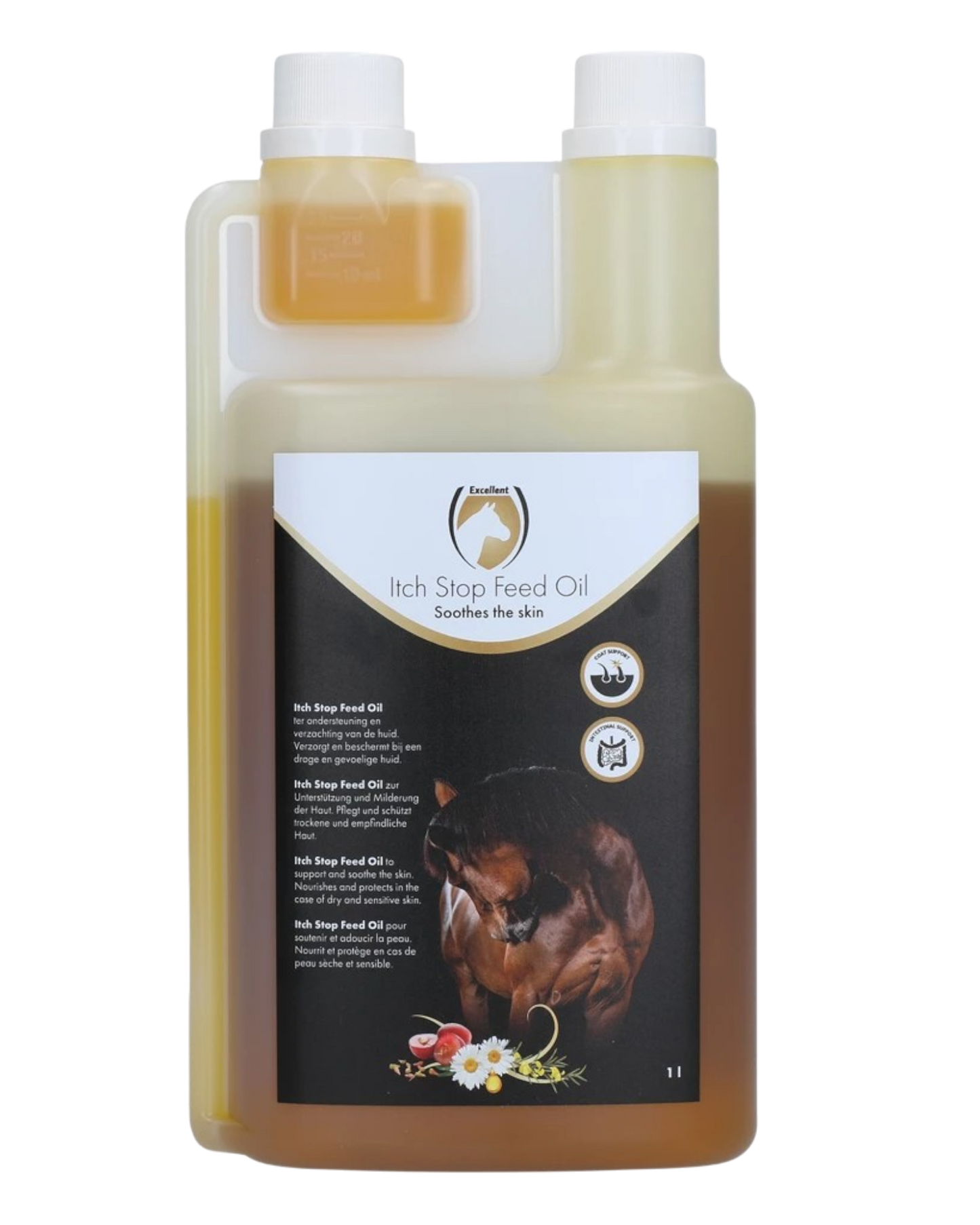 Excellent Horse Itch Stop Feed Oil 1 L soothes itching and nourishes the skin of horses